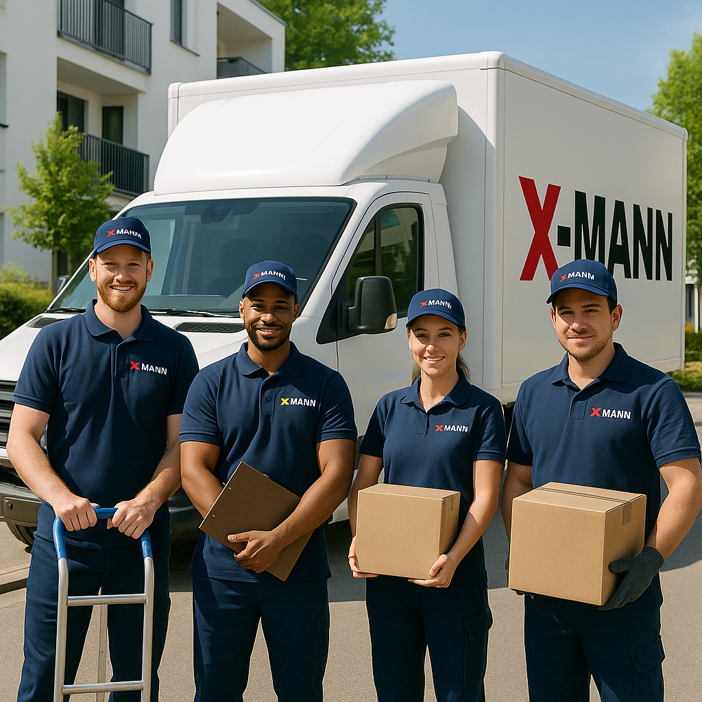 XMANN Moving Team in uniform standing in front of company truck